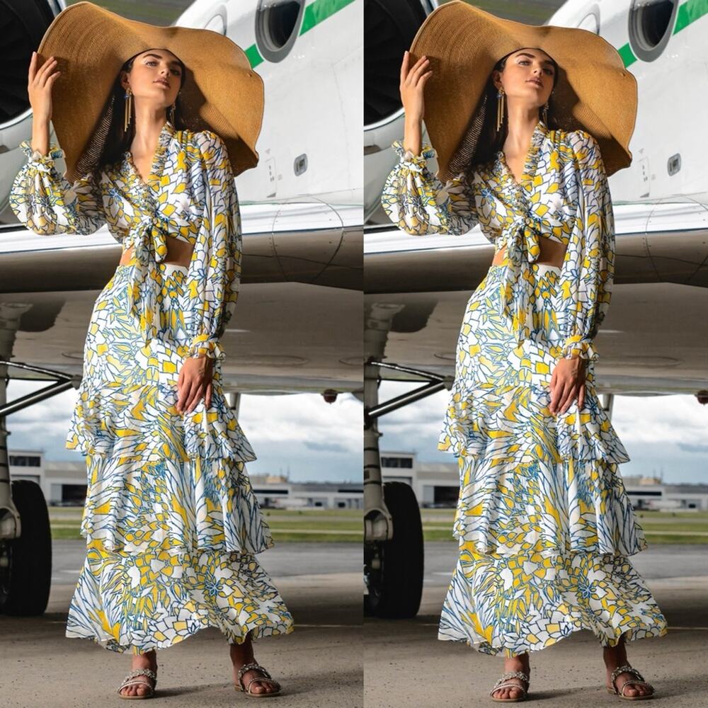 NWT NEW Badgley Mischka Tiered Cutout Floral-Print Georgette Maxi Dress Size 16
